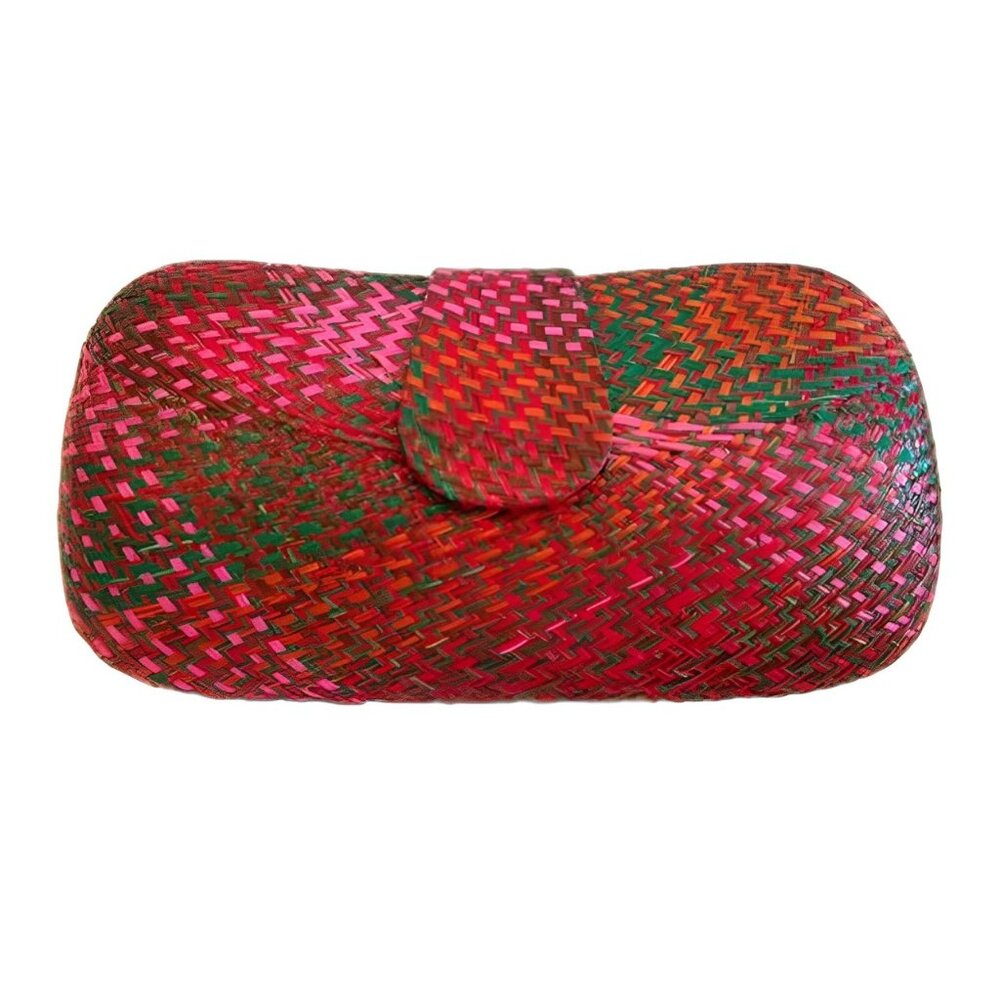 Straw Sand Plaid Clutch Bag Handbag Pink Red Magnetic Closure Purse Chain New